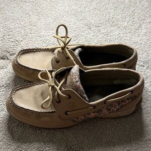 Sperry Tan Boat Shoes with Floral Accents